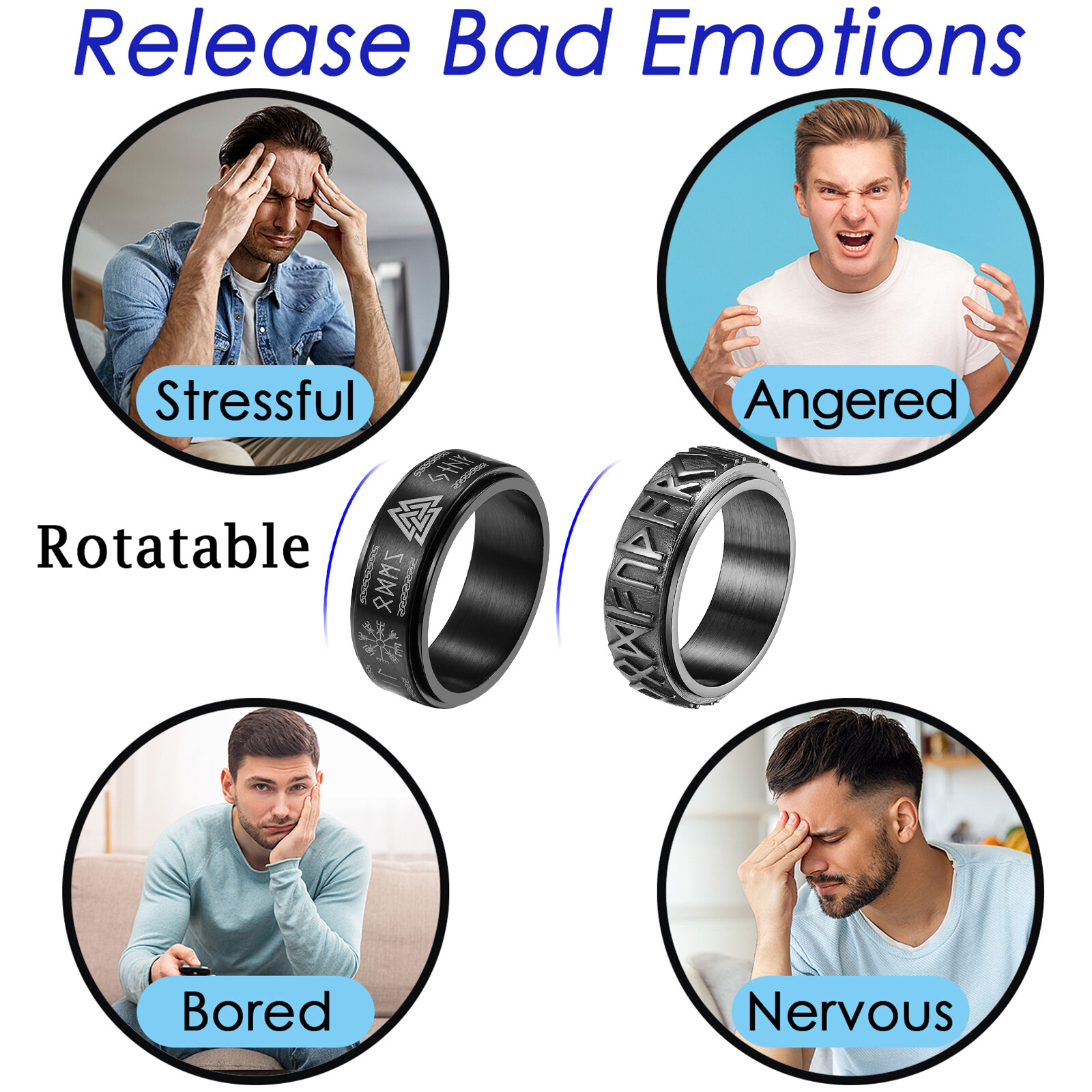 3pcs Men’s Nordic Rune Anti-Anxiety Spinner Ring Band Size 6-12 Viking Jewelry