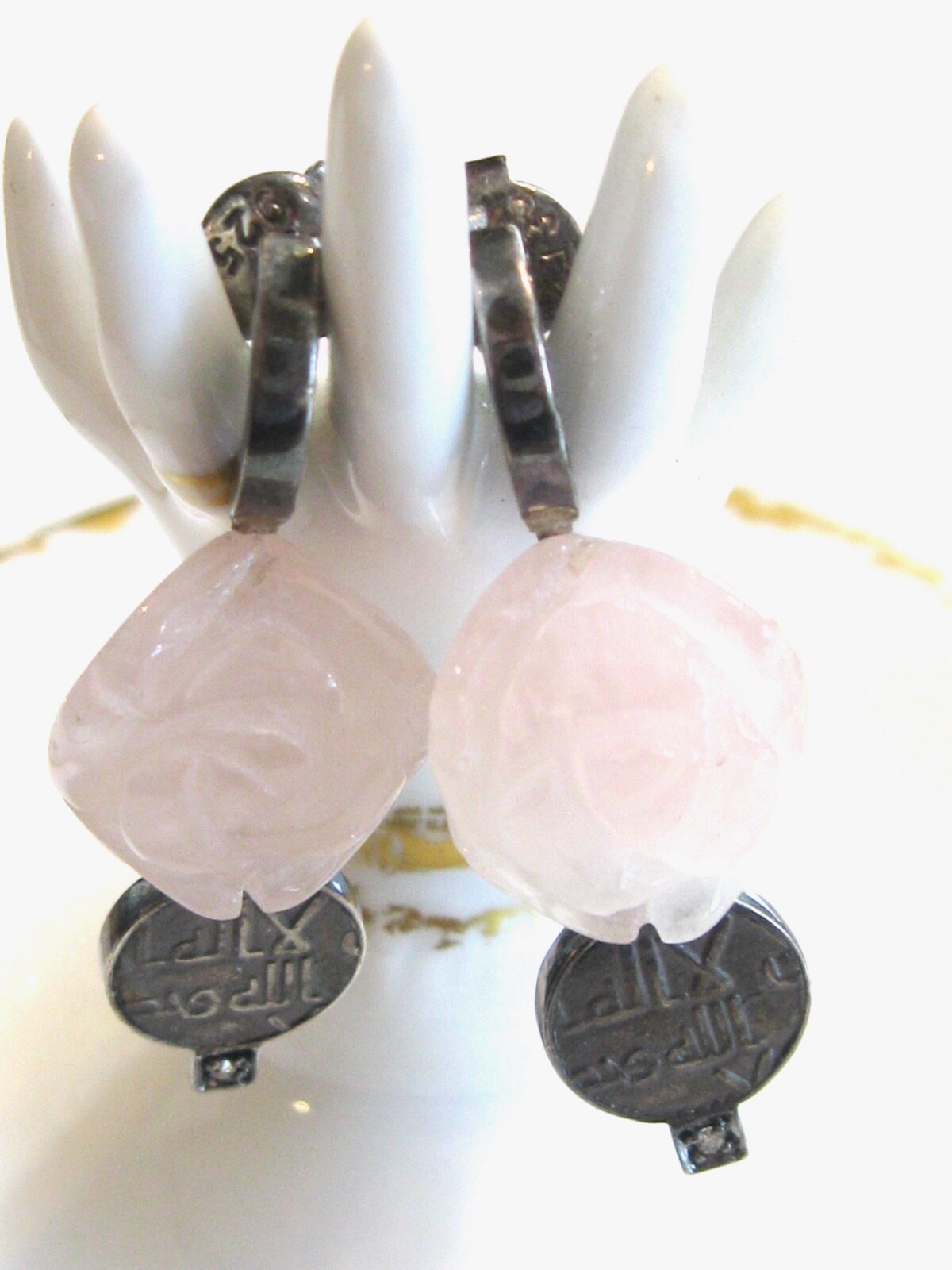 HANDMADE POST EARRINGS FLORAL CARVED ROSE QUARTZ COINS DIAMONDS MYSTERY NUMBER