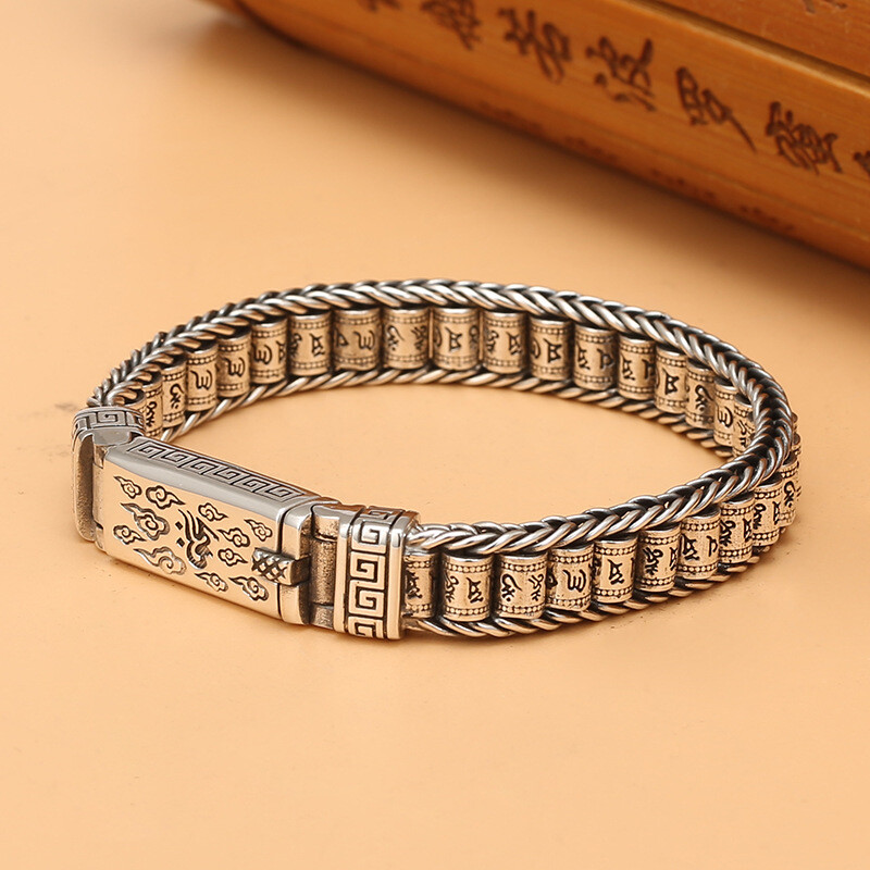 Pure Silver S925 Sterling Silver Chain Men Women Mantra Beaded Link Bracelet