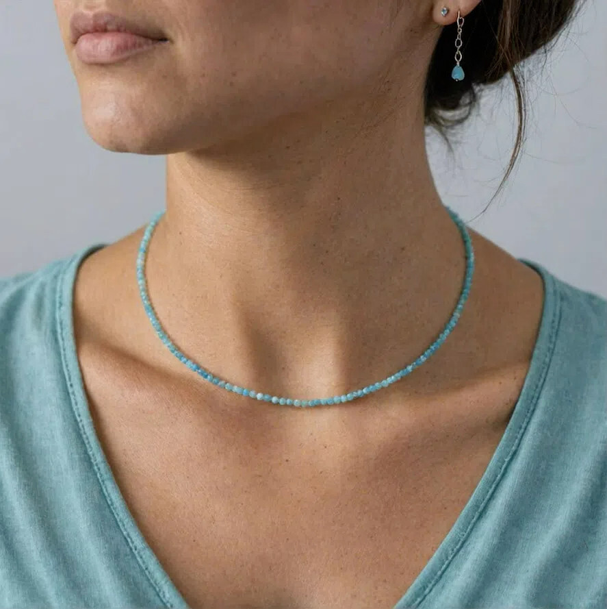Minimalist Larimar 2mm Faceted Bead Blue Crystal Healing Boho Choker Necklace