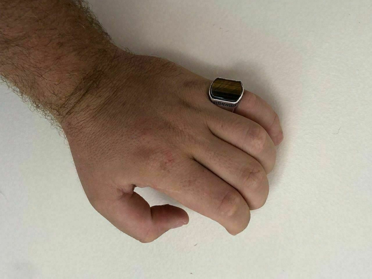 Solid 925 Sterling Silver Tiger’s Eye Mens Signet Ring Size 7 8 9 10 11 12 13