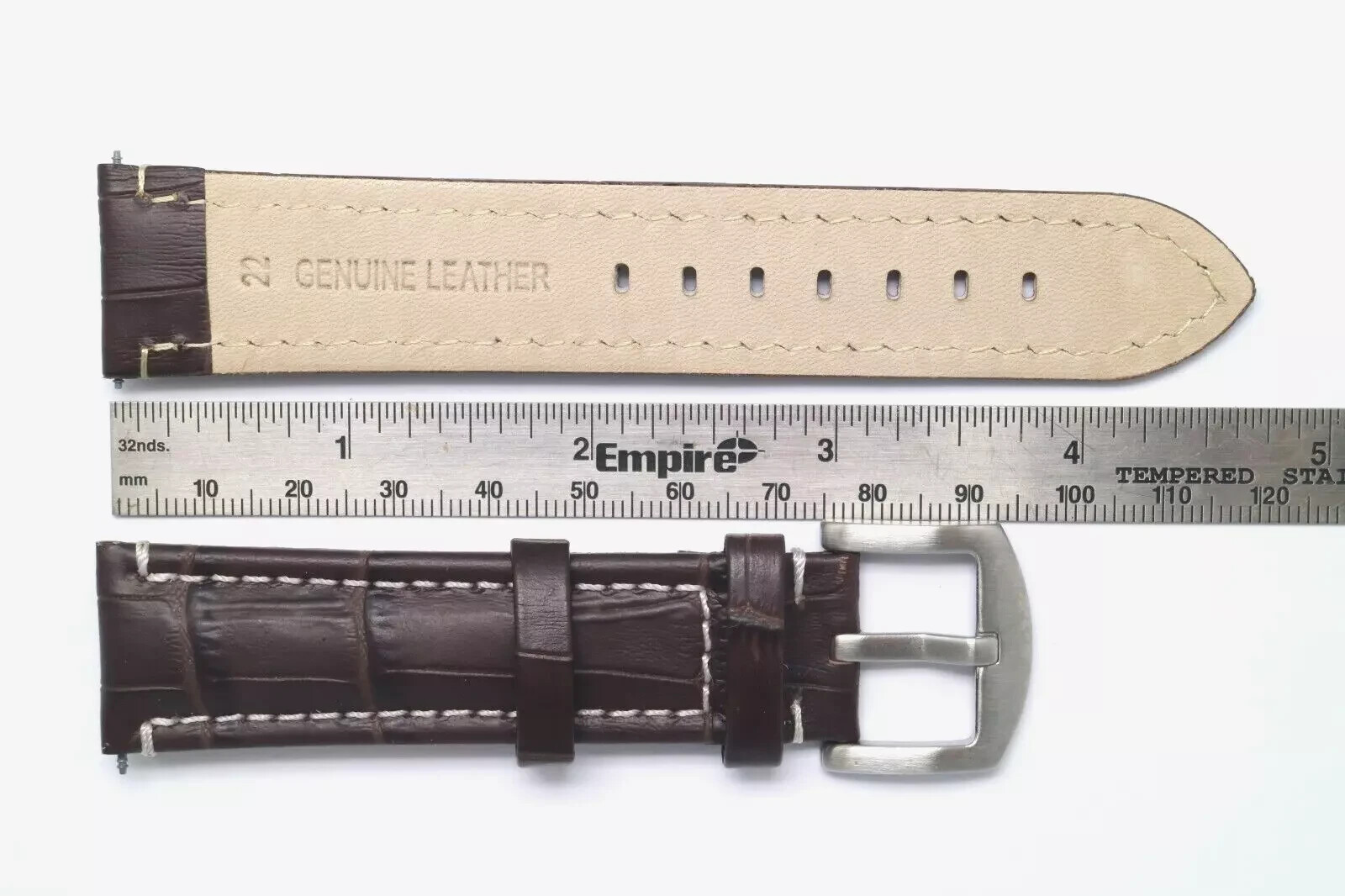 3Pcs 22mm Brown Croco Embossed Leather Contrast Stitch Watch Strap Silver Buckle