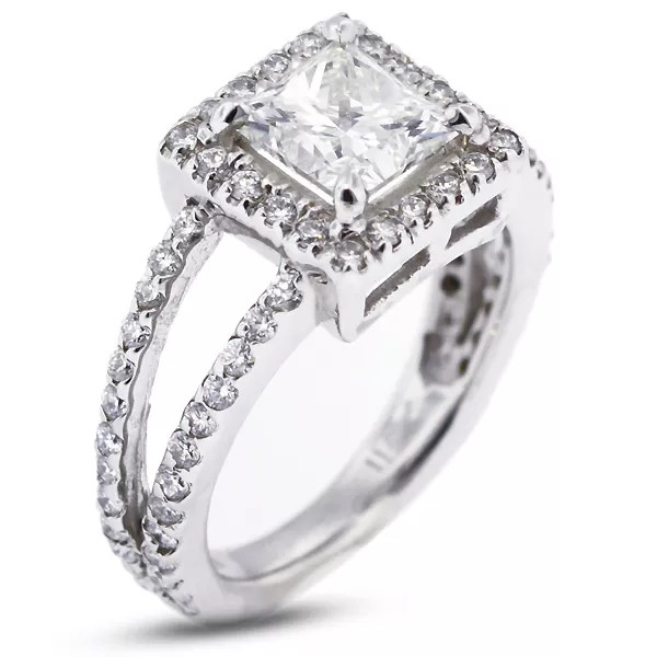 Engagement Ring 14K White Gold Halo 2.76 Carat Princess Lab-Grown Diamond E VS2