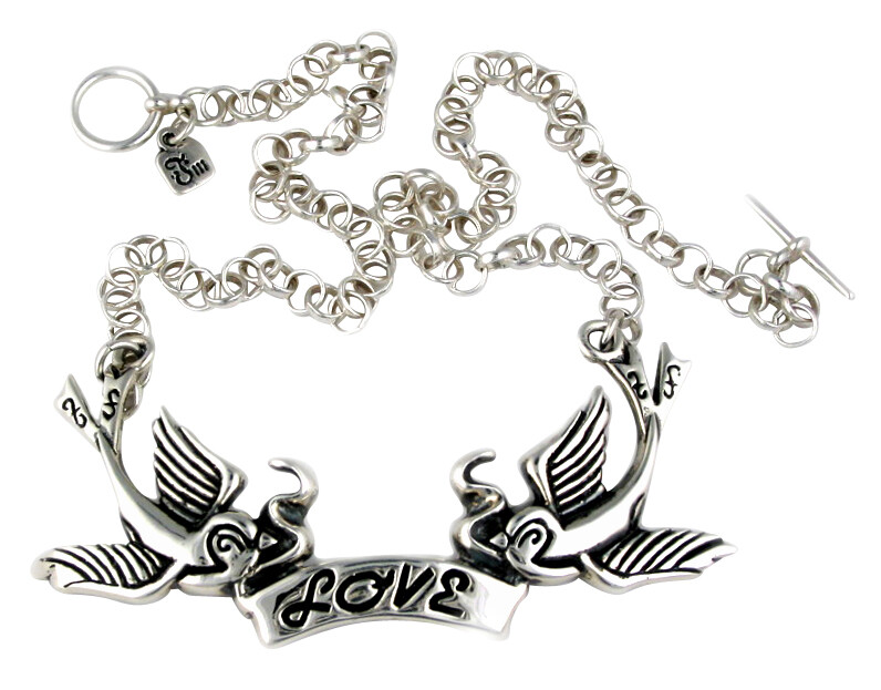 Rockabilly Love Birds Hand Crafted 925 Sterling Silver Necklace Femme Metale NWT