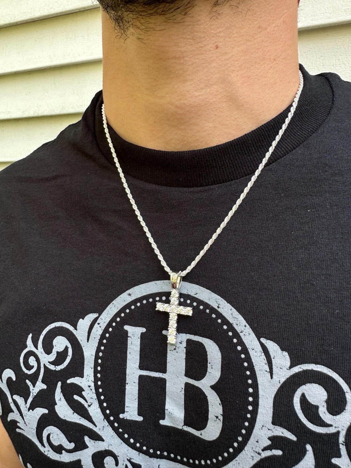 Real MOISSANITE Solid 10k White Gold Iced Tennis Cross Pendant Necklace 5 Sizes