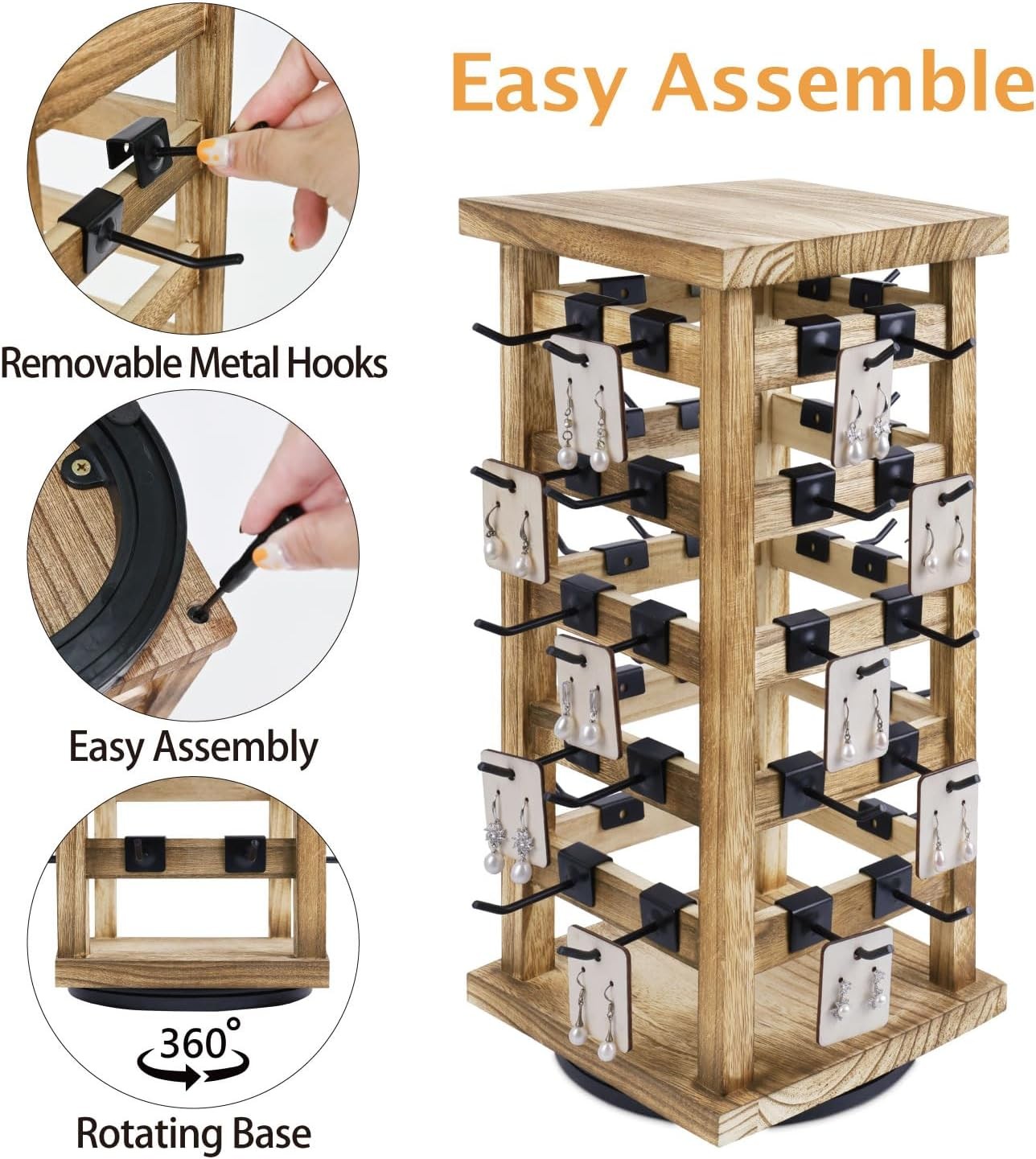 Wood Rotating Jewelry Display Removable 42 Hooks Earring Organizer Stand Oak