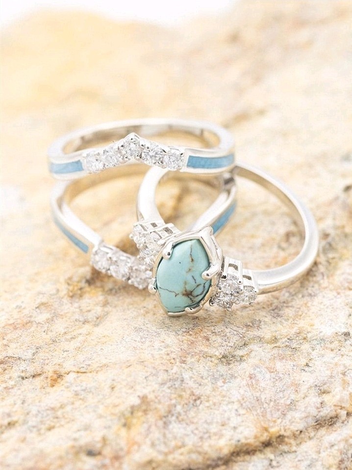 3pc Silver-Plated Zinc Turquoise & White/Colorless CZ Ring Size 6