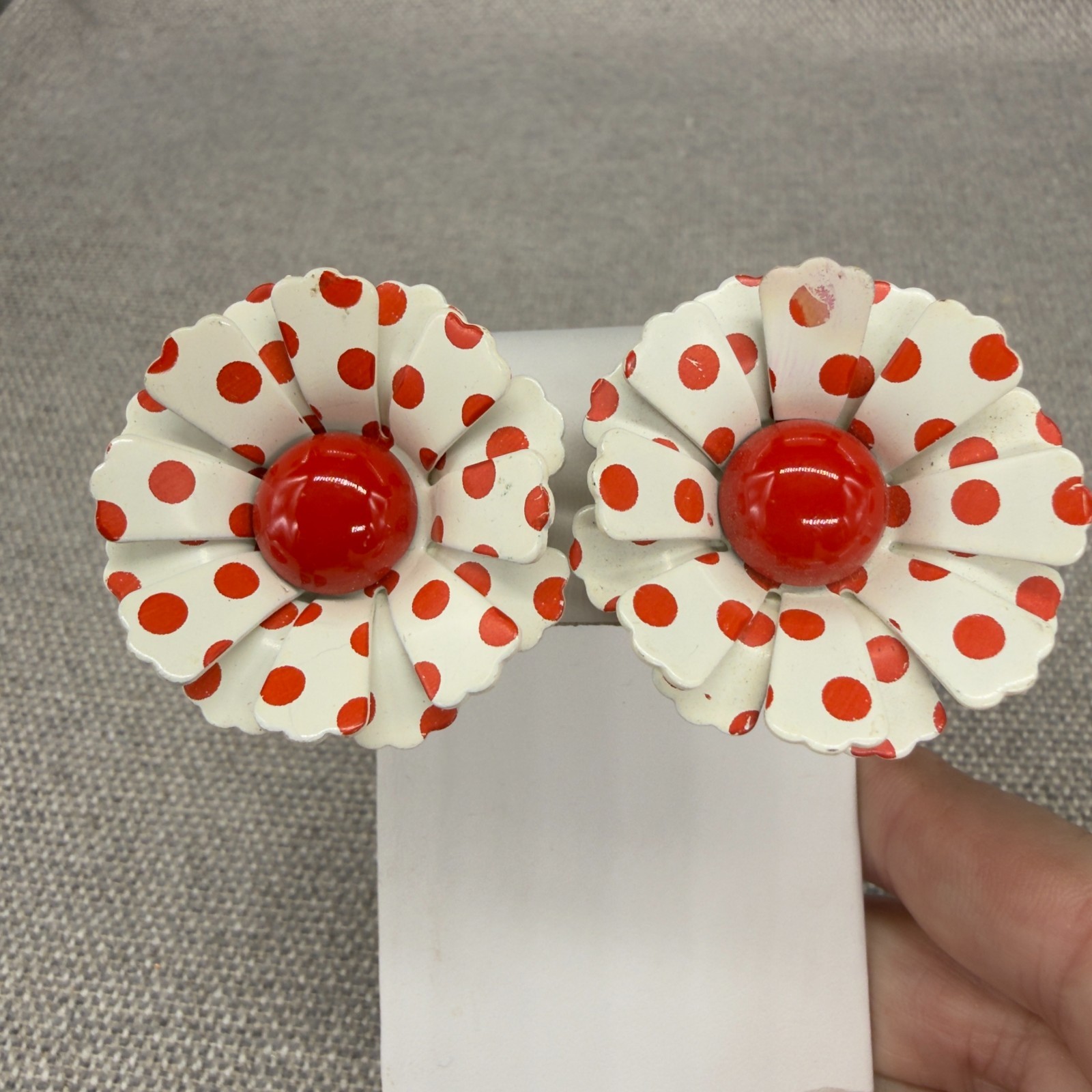 Vintage Enamel Flower Earrings Red White Polka Dot Clip Ons READ