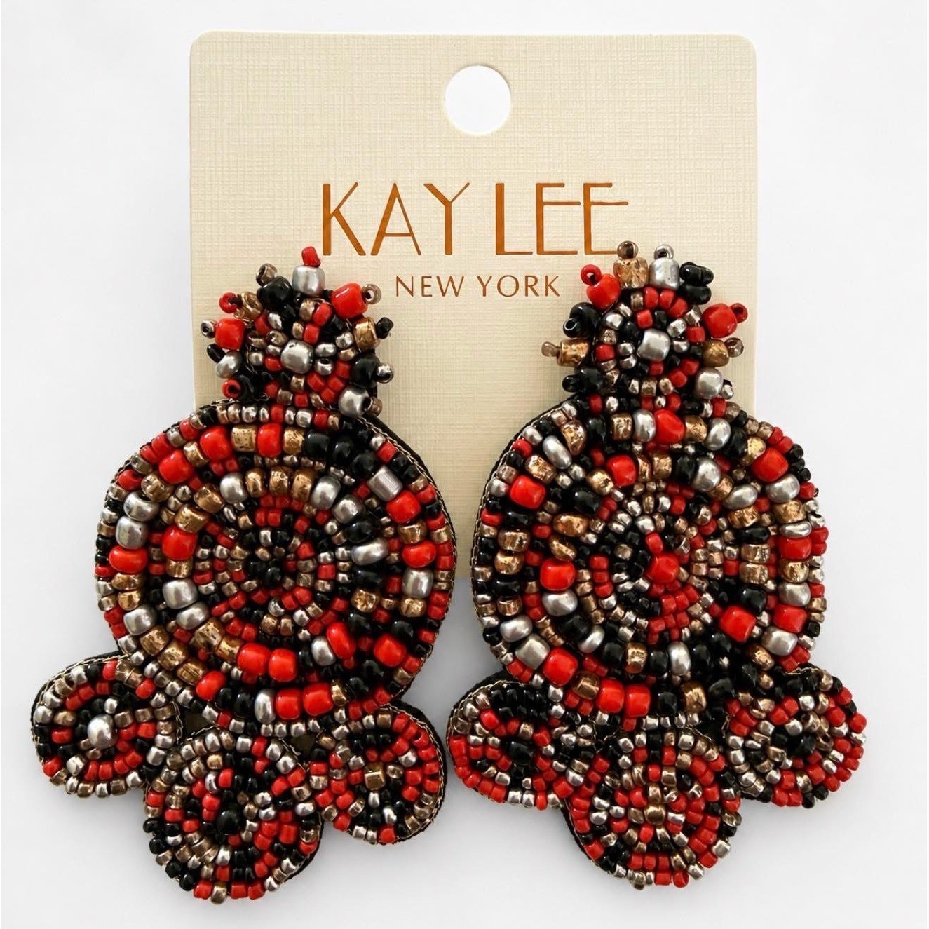Kay Lee New York Hand Beaded Statement Earrings Red Black Silver Bronze India