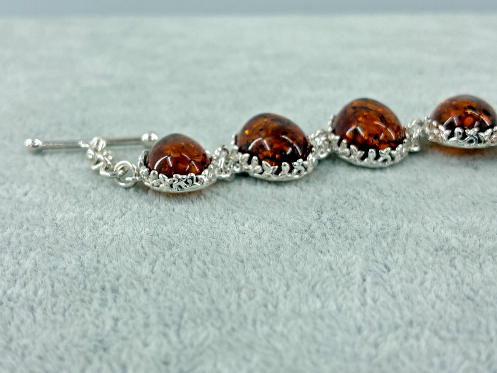 Baltic Amber Extraordinaire Cognac Orange Toggle Bracelet Sterling 925 6-6.75in
