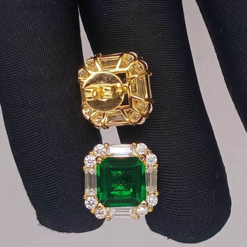 5.16Ct Asscher Cut Natural Emerald & Diamond Stud Earring 14K Solid Yellow Gold