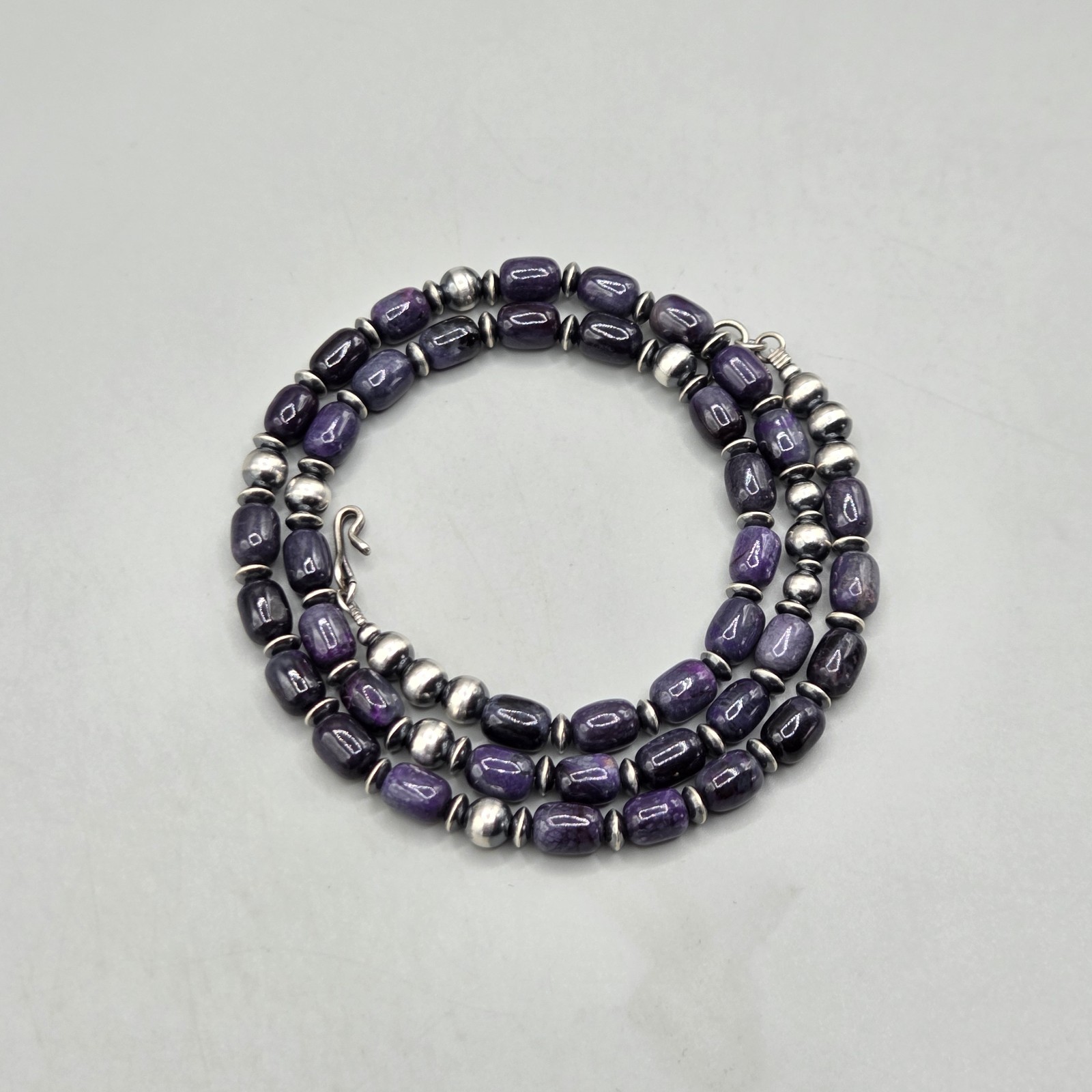 21.5″ Rare Sugilite Sterling Navajo Pearl Necklace Southwest Squash Petite 6+mm