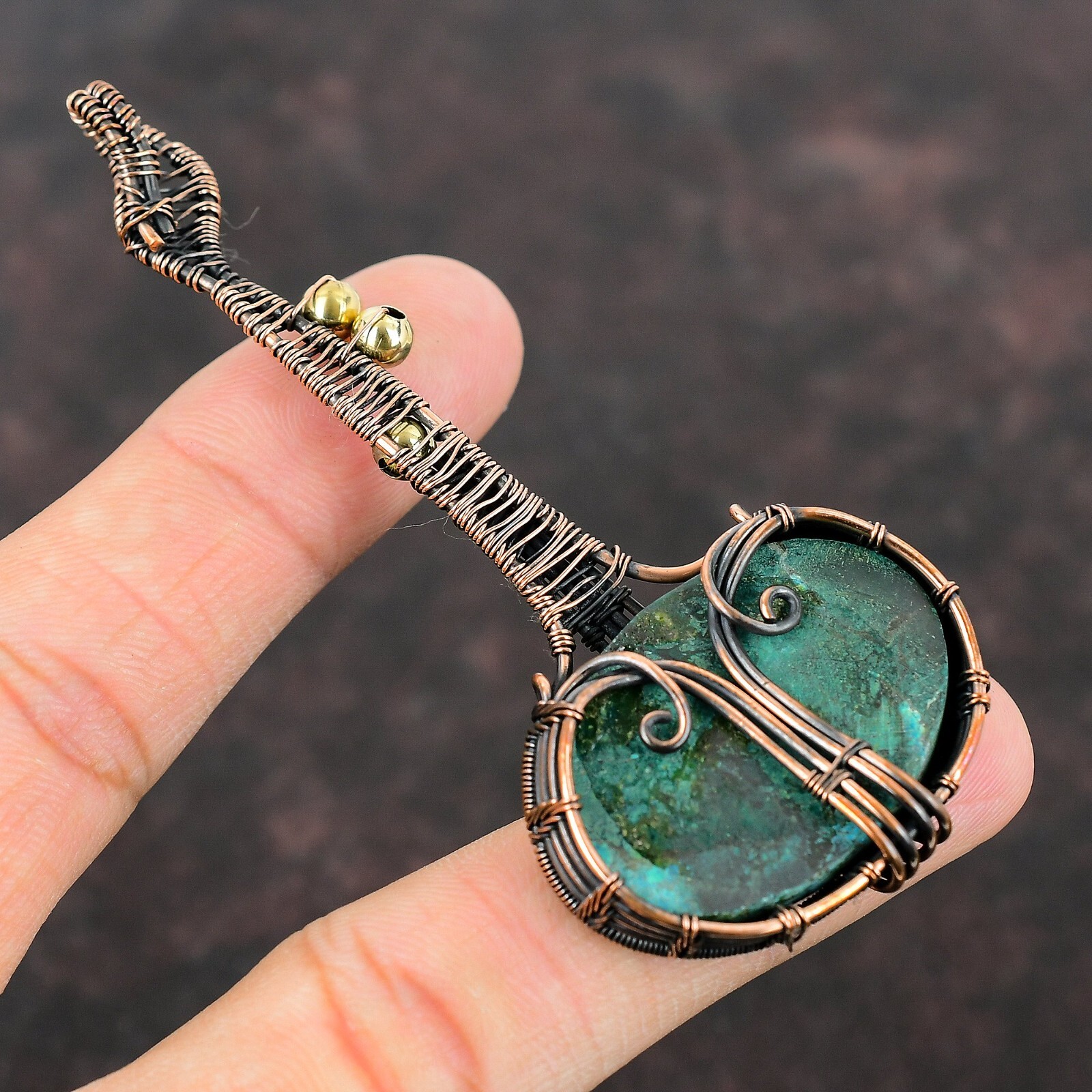 Tibetan Turquoise Copper Love Gift Wire Wrapped Guitar Pendant 3.58″