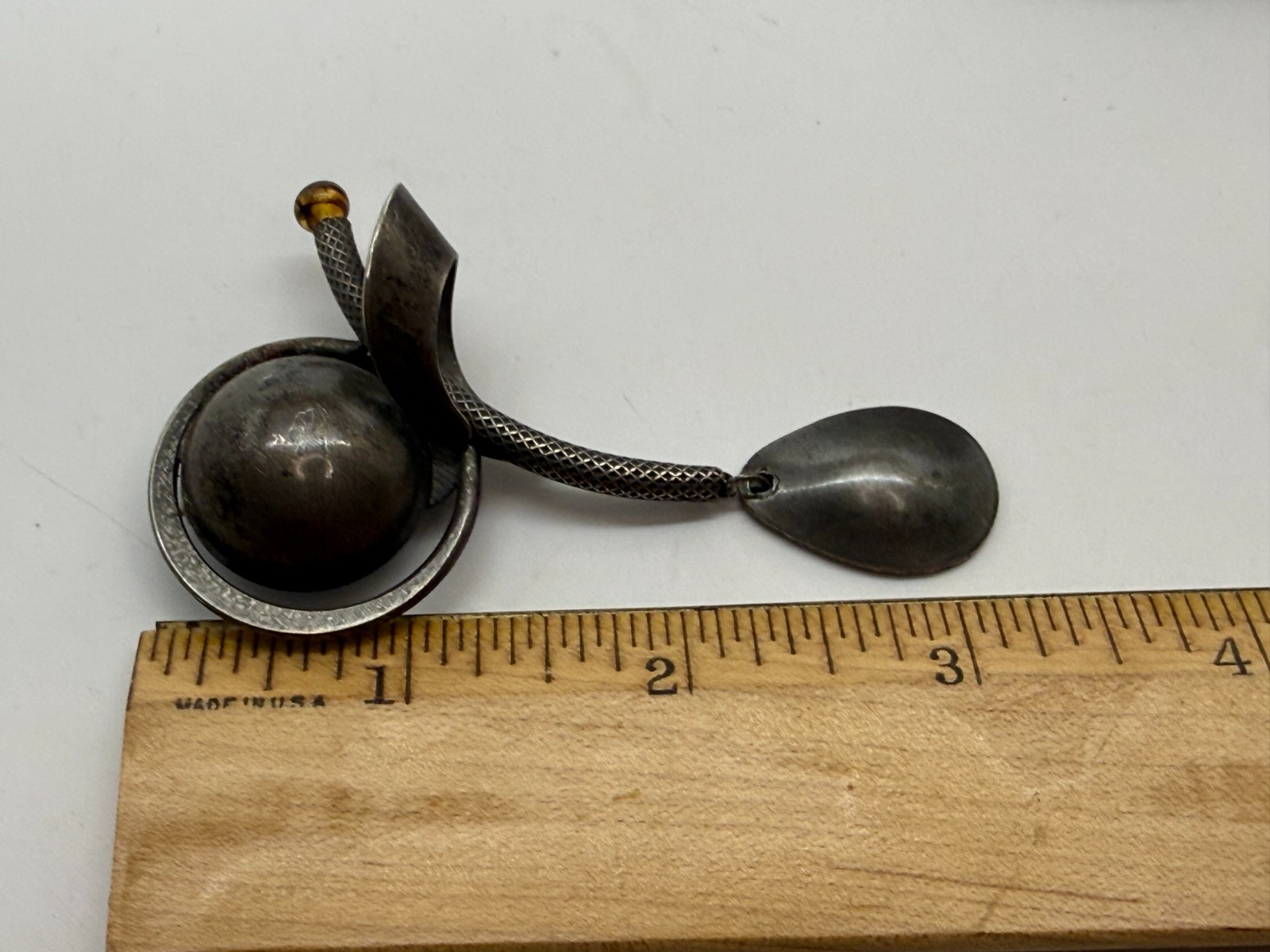 Vtg Studio Modernist oxidized Silver Brooch amber cab patina Scandi?