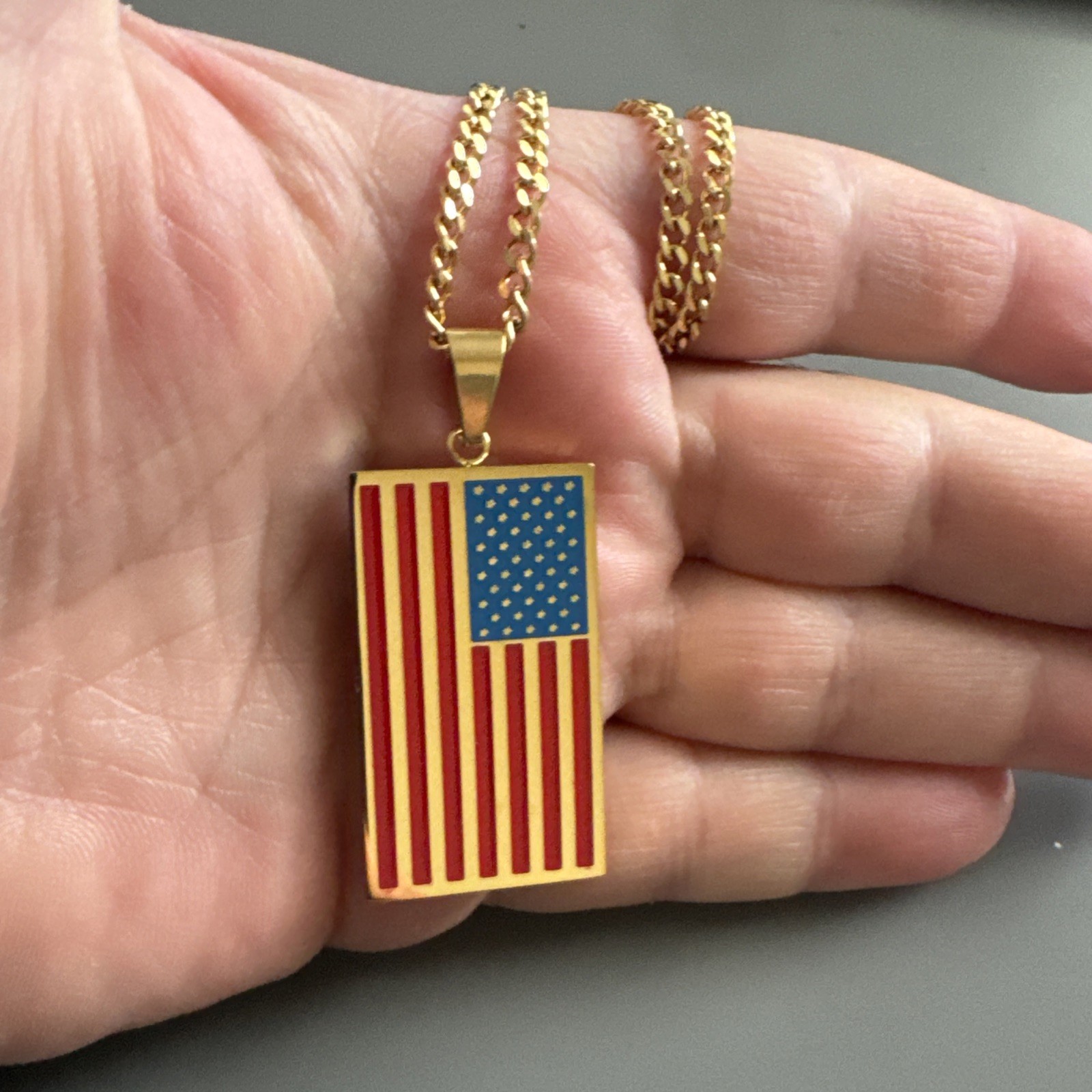 American Flag Pendant Gold Plated Stainless Steel 24” Chain USA America Gift