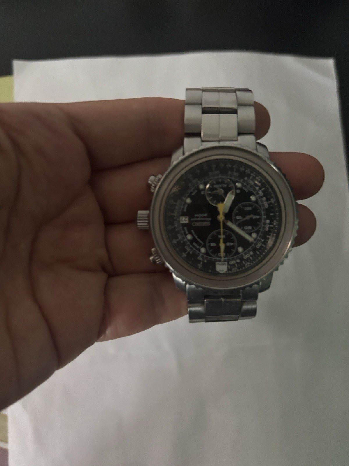 Seiko Flightmaster Quartz Slide Rule Chronograph Date Black Dial SS Bracelet.