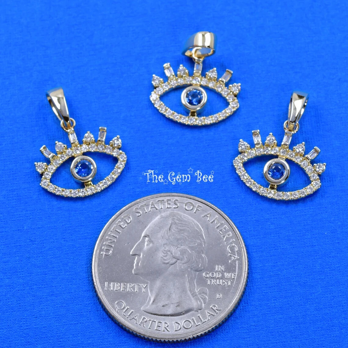 14.2mm 14K Yellow Gold Diamond blue Sapphire Evil Eye Protection Charm Pendant