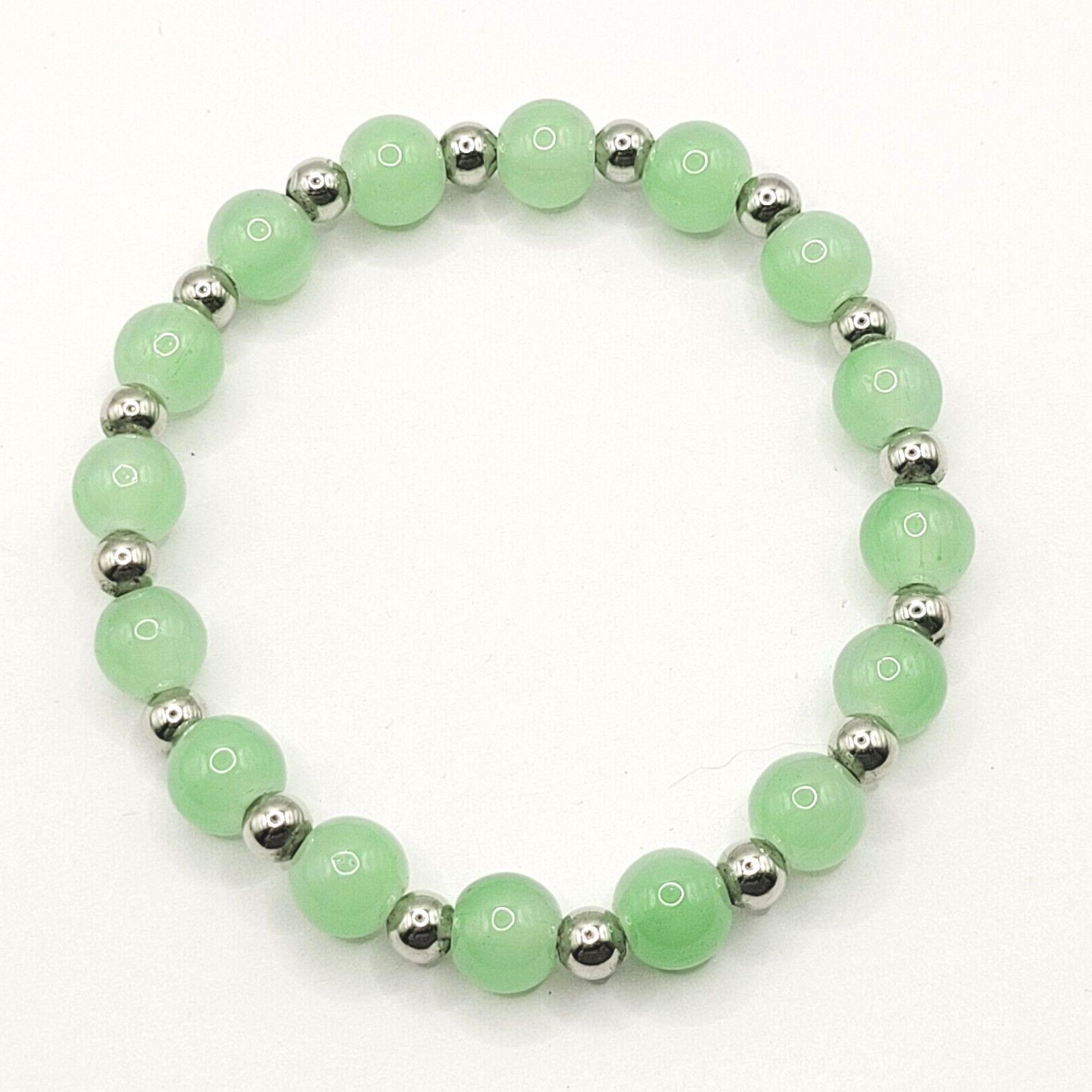 Modern Three Glass Bead w Rhinestone Jade Milky Glass Color Stretch Bracelet Set