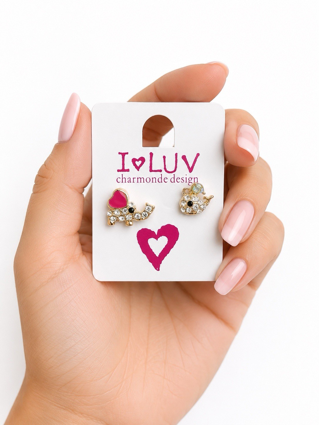 Lot 2 Pairs Heart & Elephant Rhinestone Stud Earrings Gift Box Included