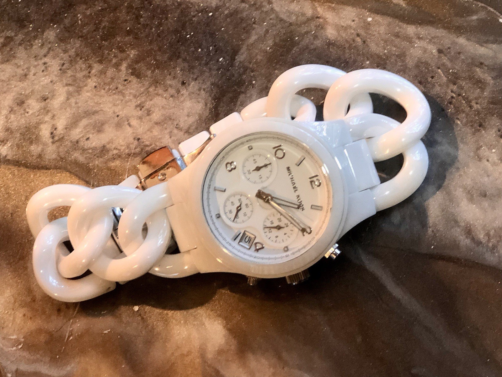 ✨🤍 NOS STUNNING Early MICHAEL KORS White CERAMIC Chain Link Bracelet Watch🤍✨