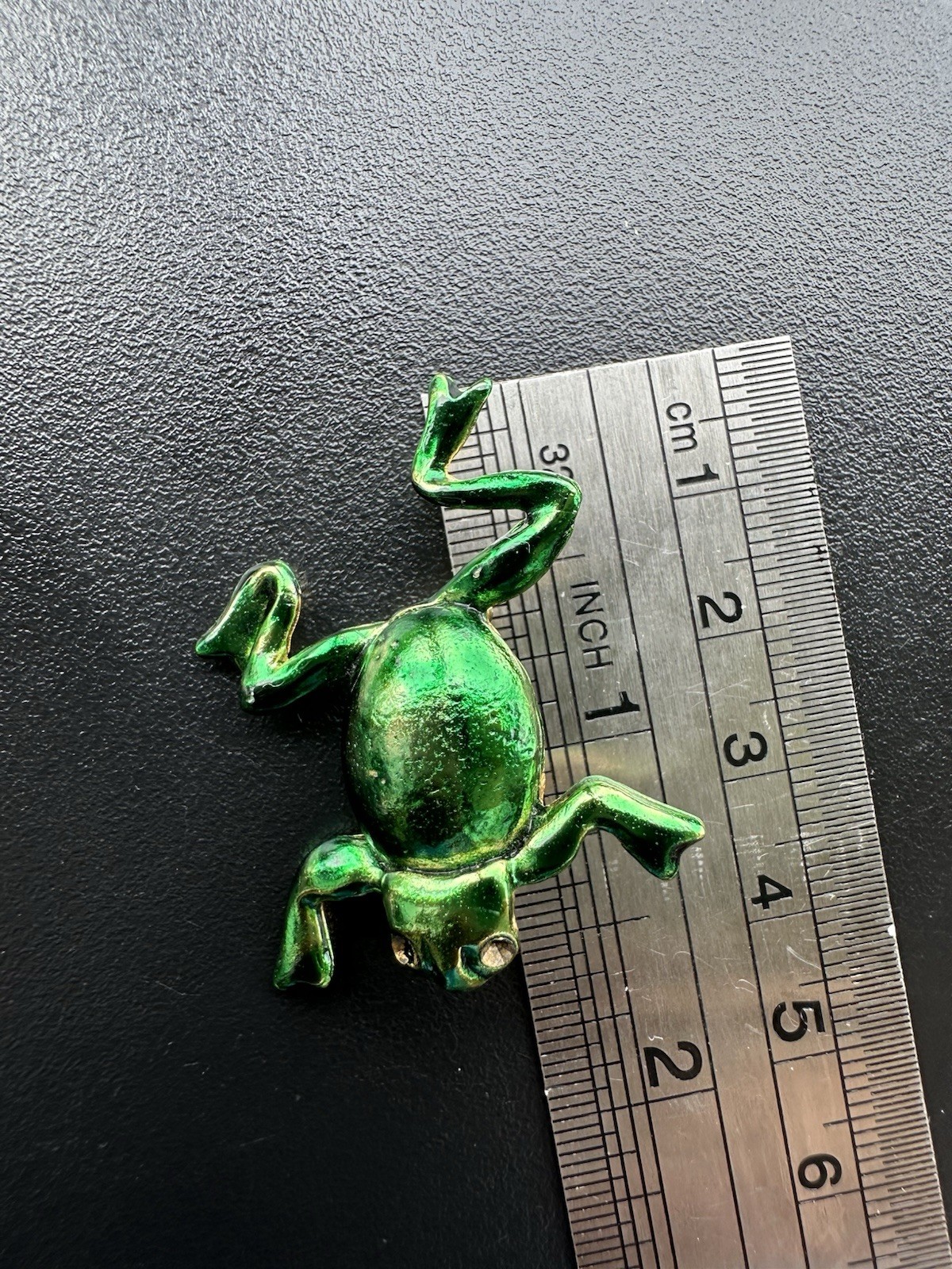 Vintage Metallic green enamel leaping frog brooch