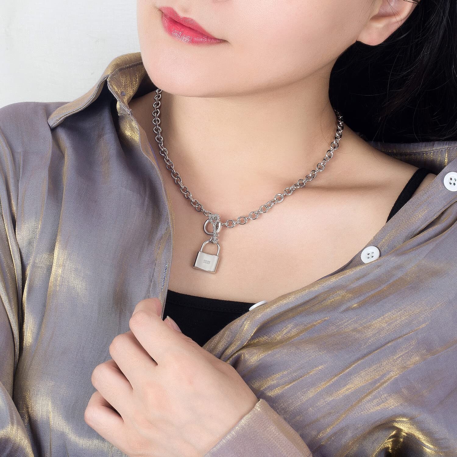 Women 925 Sterling Silver Key Lock Pendant Necklace Fashion Solid Silver Rolo…