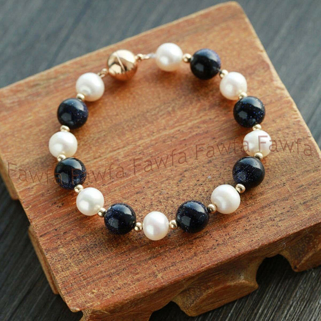 Natural 9-10mm White Freshwater Pearl & Blue Sand Stone Necklace Bracelet Set