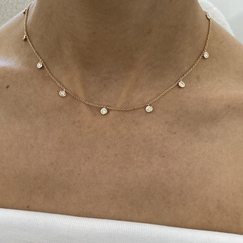 Festival Sale ! Round Natural Bezel Set Diamond Station Necklace 14k Yellow Gold
