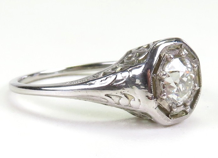 Antique Art Deco Diamond Engagement 18K White Gold Ring Size 6.5 UK-M1/2 EGL USA