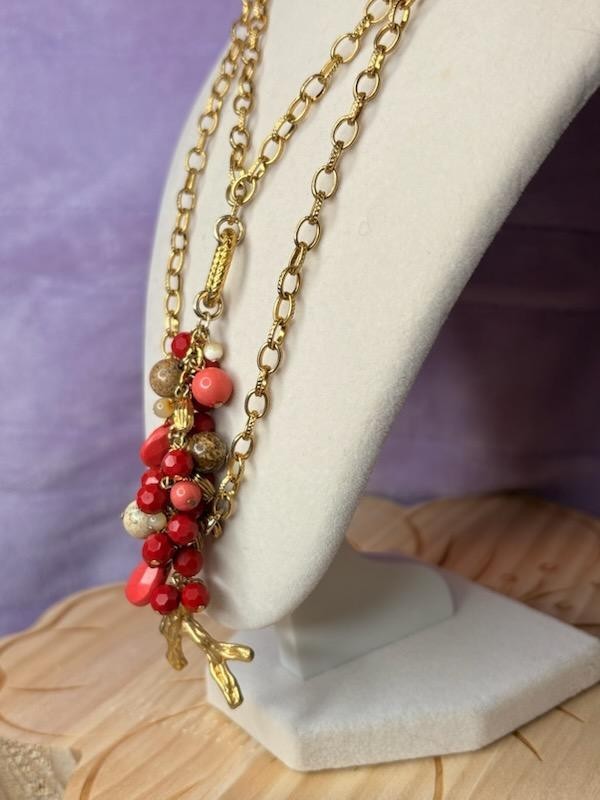 Vintage Boho Red Pink Cluster Tassel Pendant Necklace Matching Drop Earrings Set