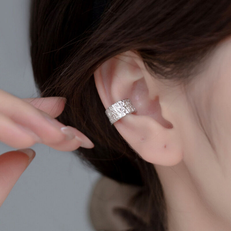 925 Sterling Silver Textured Wide Band Ear Cuff Clip-on Earring A4336