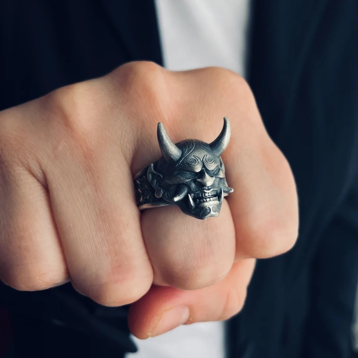 Japanese Hannya Mask Ring 925 Sterling Silver Oxidized Ring Duty Free