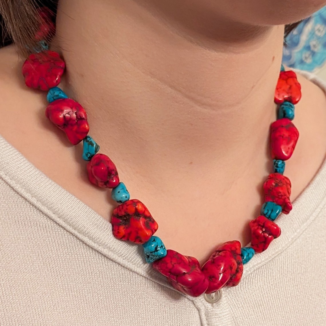 Chunky Necklace with Vivid Red and Blue Dyed Howlite Nuggets 18.5 in.