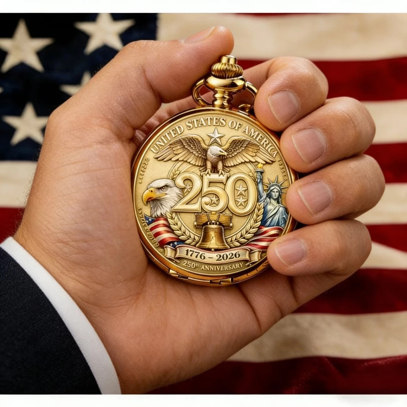 USA 250th Anniversary Pocket Watch Retro Winding Watch Eagle & Statue of Liberty