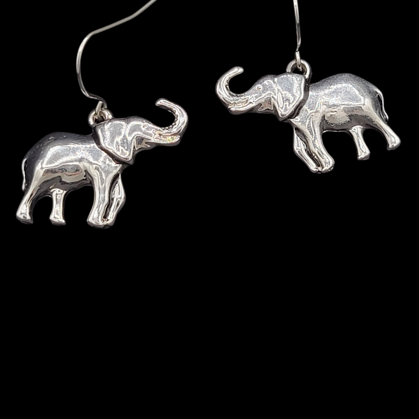 Mini Elephant Earrings Polished Silver Tone Finish Lucky Trunk Up Fish Hook