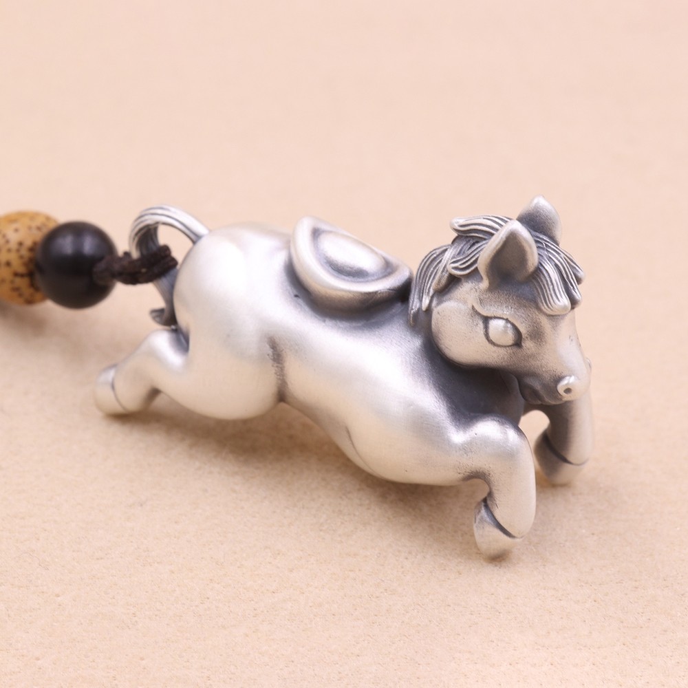 Pure S999 Fine Silver Carved Yuanbao Running Zodiac Horse Pendant 34-35g 1.7in
