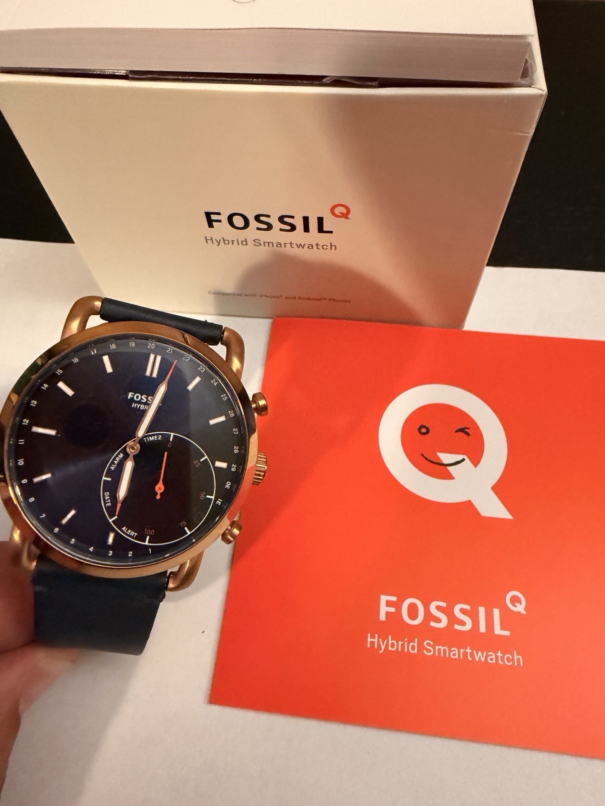 Fossil Q Hybrid Smartwatch NDW2A Rose Gold Blue Leather Watch Box Manuals