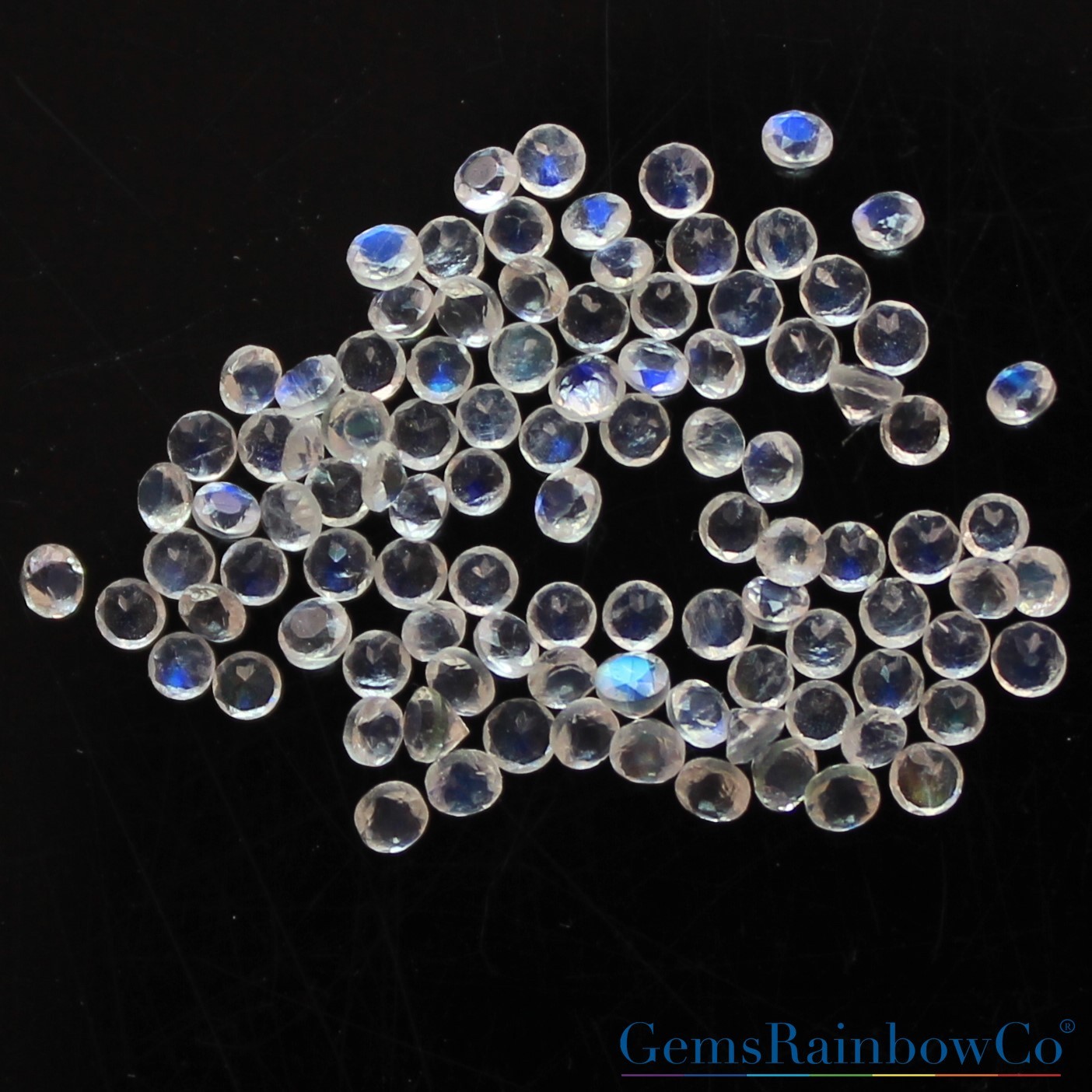Natural Rainbow Moonstone Round Cut 1.5mm & 2mm Sparkling Blue Fire Gemstones