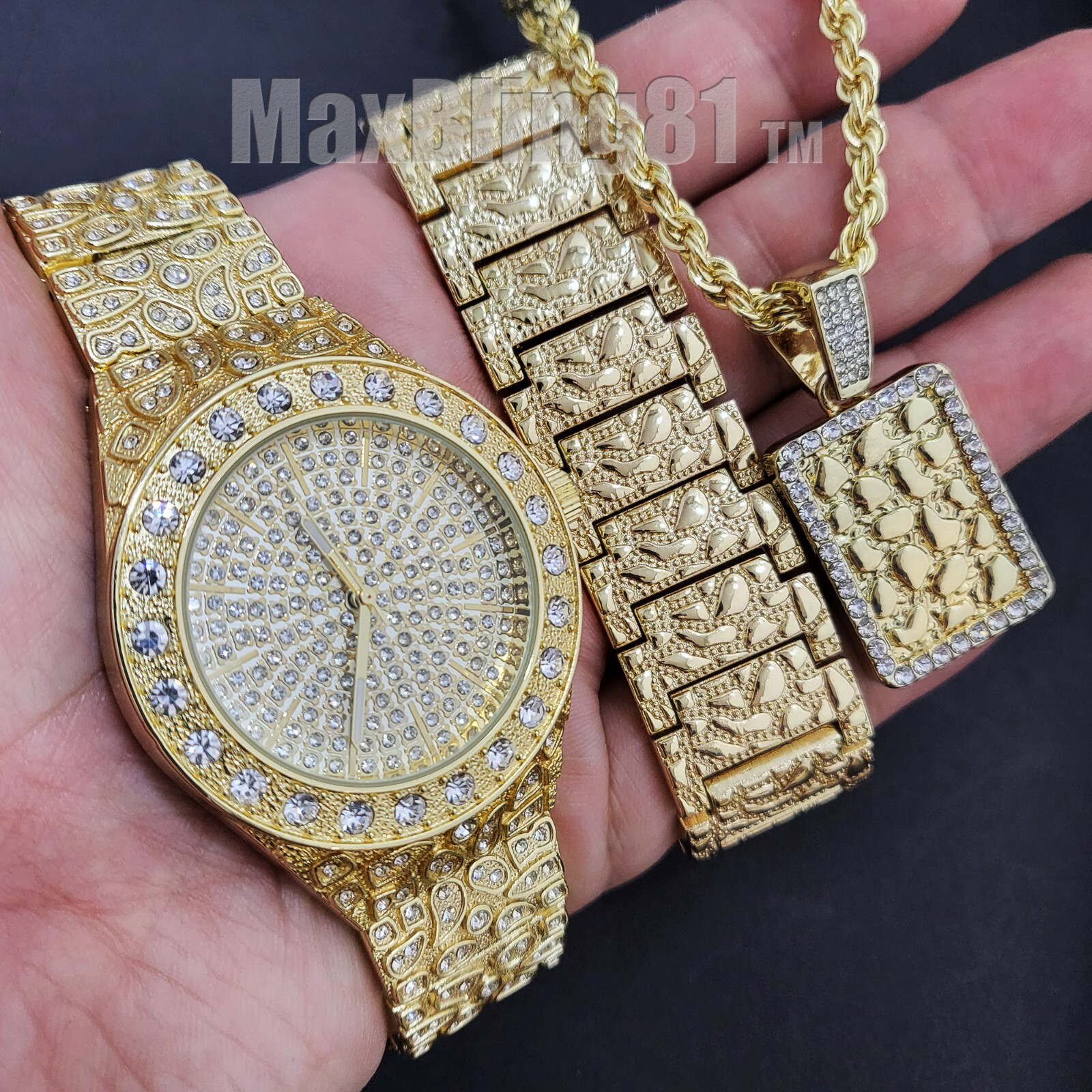 HIP HOP GOLD PLATED BLING GOLDEN NUGGET WATCH & NECKLACE & EARRINGS GIFT SET