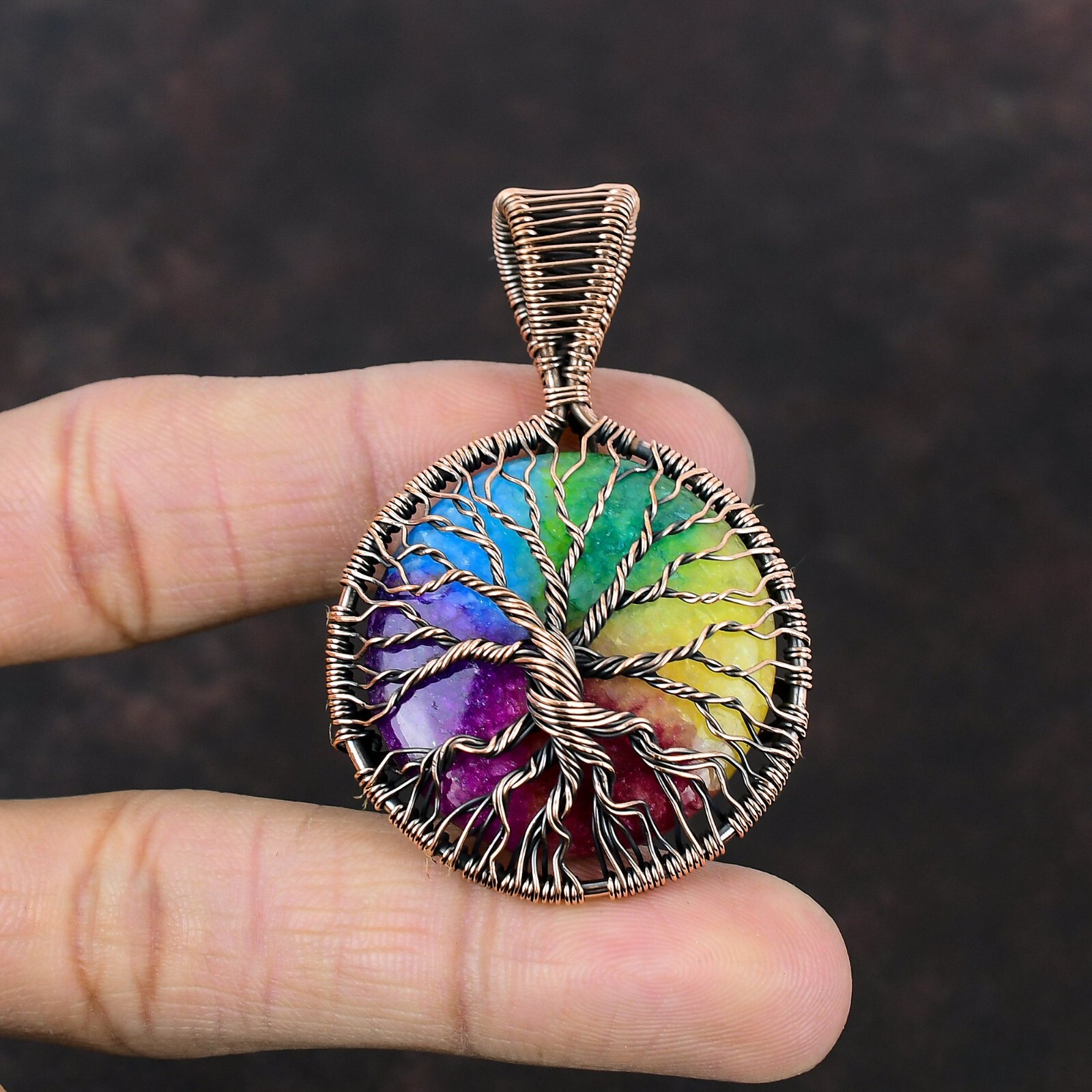 Rainbow Solar Quartz Druzy Copper Bestie Gift Wire Wrapped Tree Of Life 2.36″