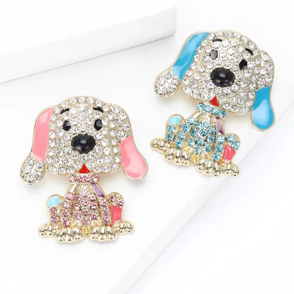 Sparkling Blue Rhinestone Dog Brooch Animal Gold Pin Spring Summer Jewelry Gift