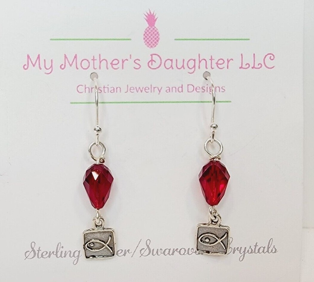 Hypoallergenic Dangle Earrings With Swarovski Crystals Red Color And Jesus Fish