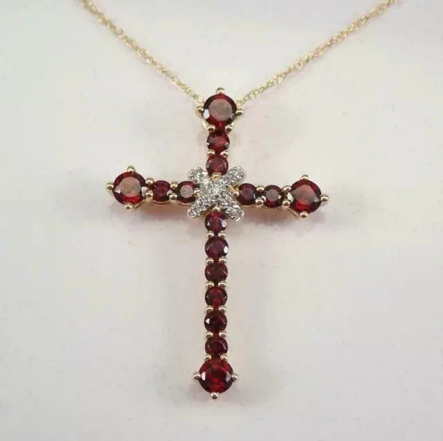 2.00Ct Round Cut Lab-Created Red Garnet Cross Pendant 14k Yellow Gold Plated