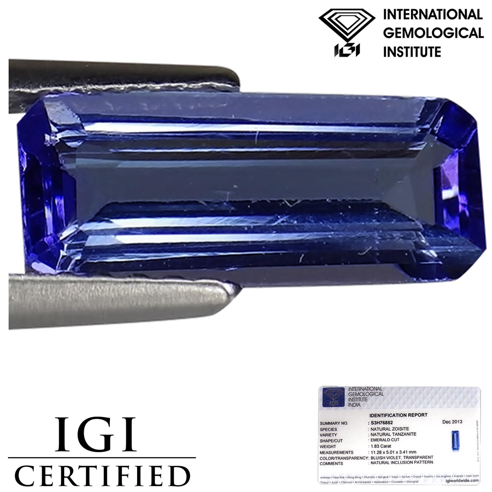 1.83 Ct IGI Certified AA Natural Tanzanite Gemstone Bluish Violet Emerald Cut
