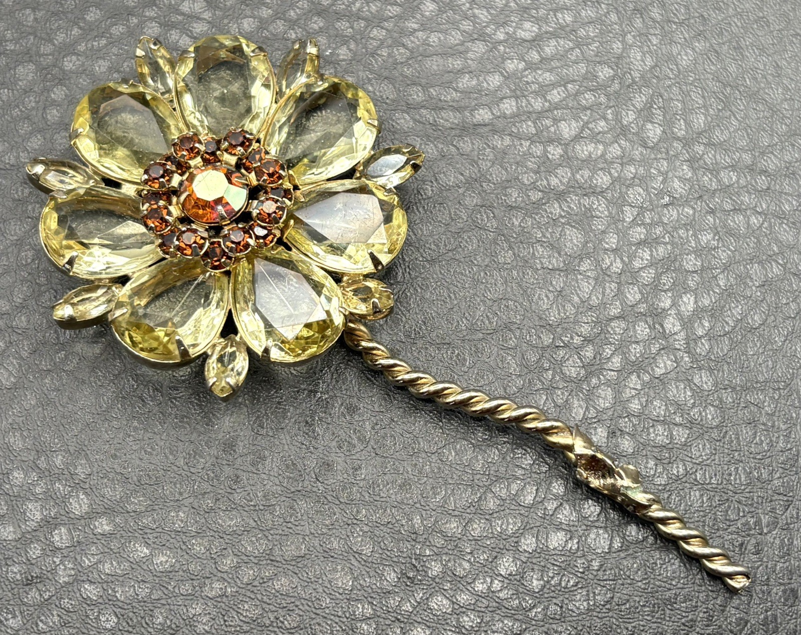 HUGE Aurora Borealis FAUX Citrine Color Rhinestone Flower Brooch MISSING BACK