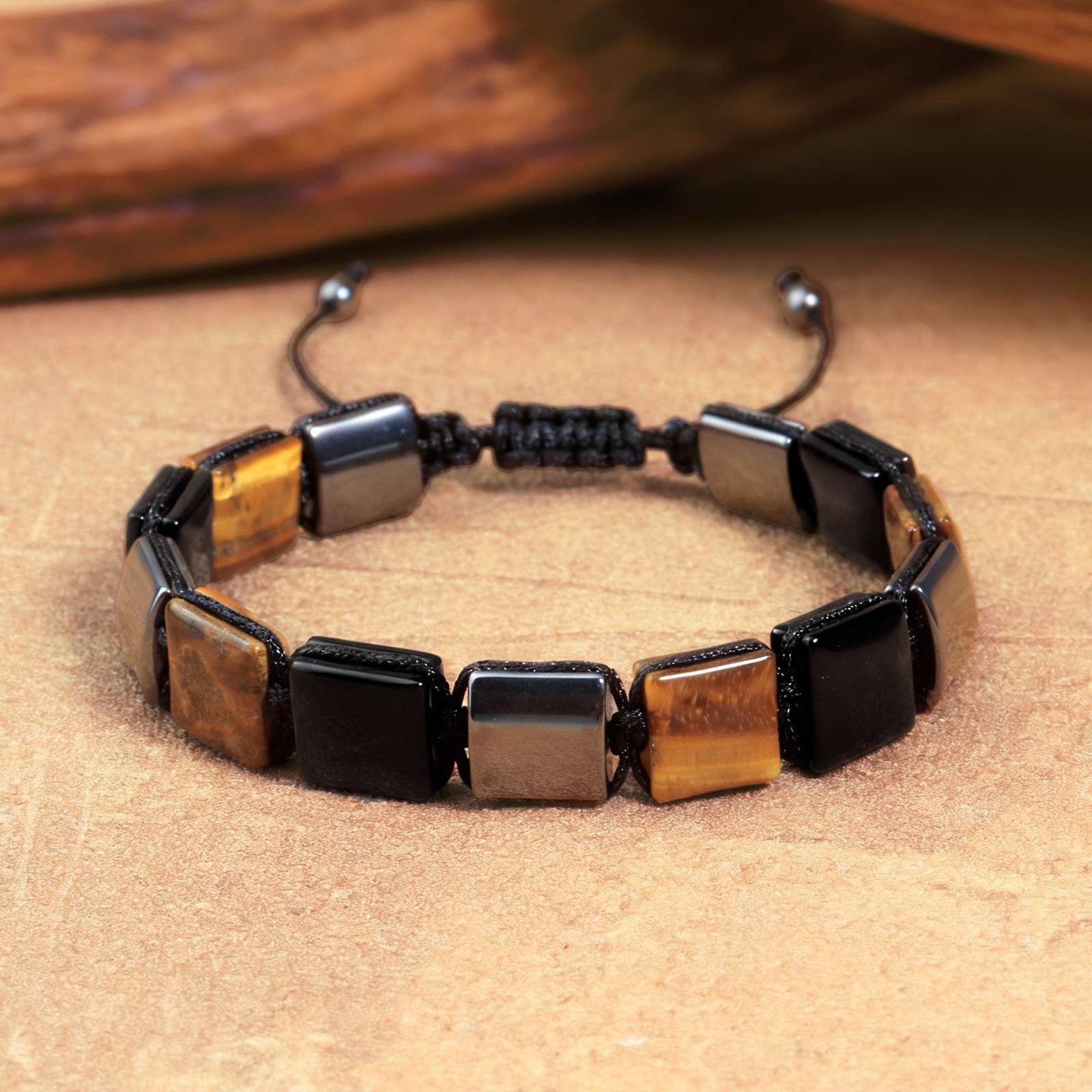 Triple Protection Men Bracelet Tiger’s Eye Hematite Obsidian Square Bead Jewelry