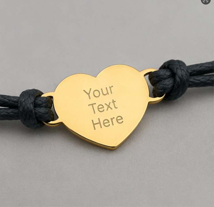 Custom Engraved Heart Bracelet Adjustable Black Cord Personalized Name Gift