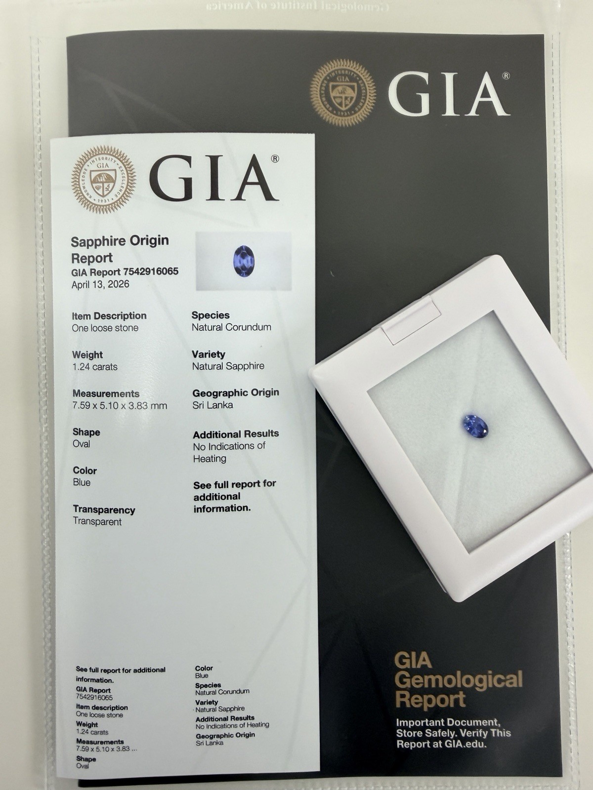 1.24ct Natural Blue Sapphire GIA Certified Sri Lanka Unheated Oval Loose Gem