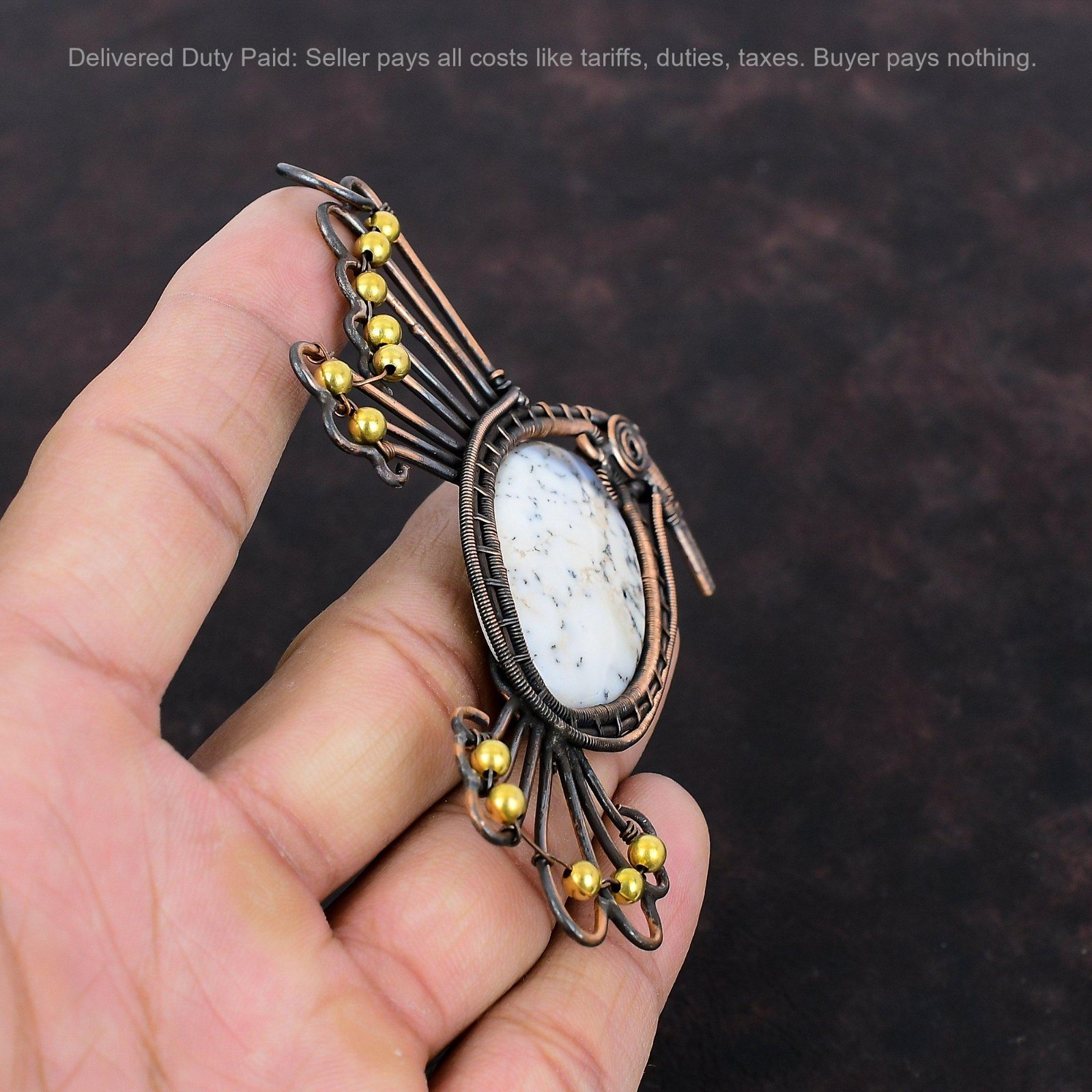 Copper Dendrite Opal Stone Elegant Mother Wire Wrapped Bird Boho Pendant Jewelry