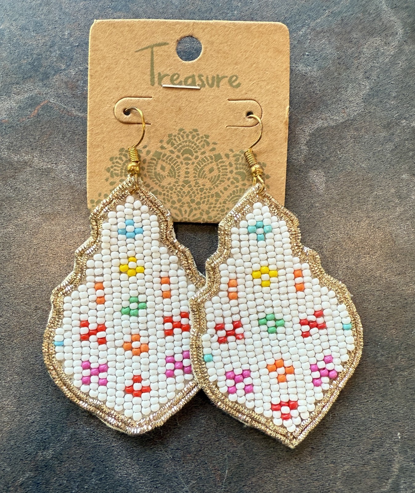 Earrings White w/Colorful designs Hand Beaded Artisan Style by Treasure #105-01